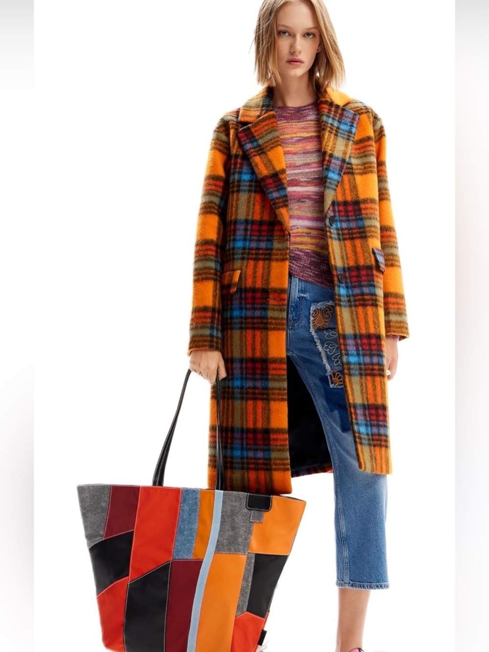 NWT Desigual Orange Plaid Woven Napoles Over Coat Small